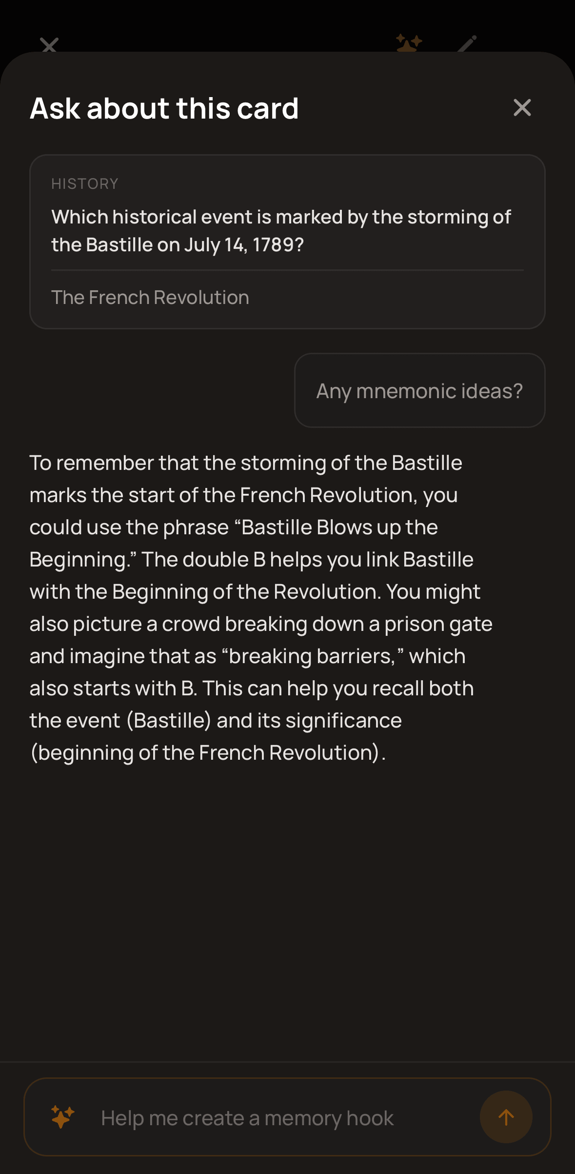 Cucaracha's built-in tutor giving a memory hook to remember that the storming of the Bastille marks the start of the French Revolution