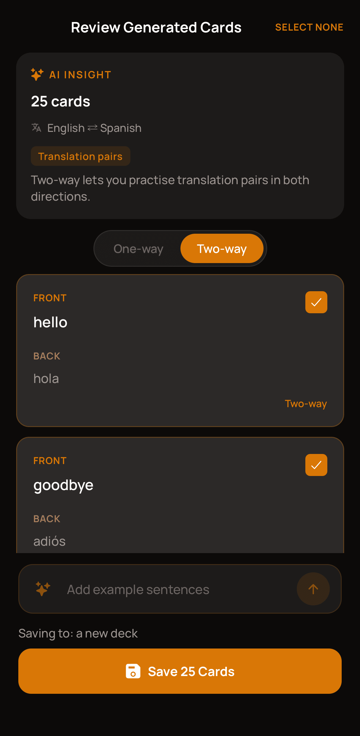 Cucaracha's AI-generated cards ready to save: hello and hola, goodbye and adios, shown as two-way pairs