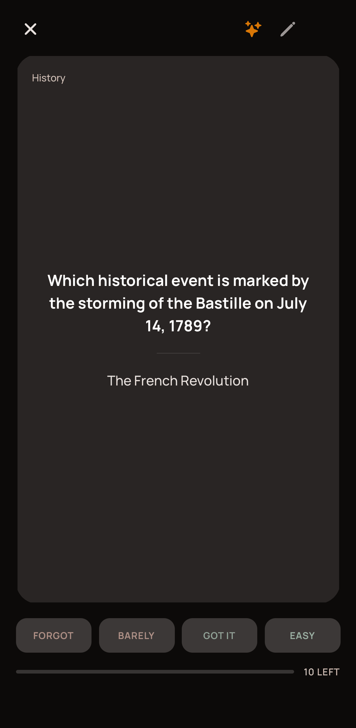 A Cucaracha review card showing the answer, the French Revolution, with the rating buttons Forgot, Barely, Got it and Easy
